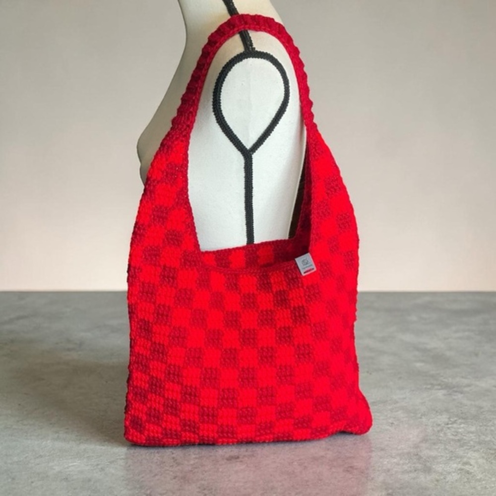 Handmade Dark Red & Red Checker Checkerboard Crochet Shoulder Tote Bag
